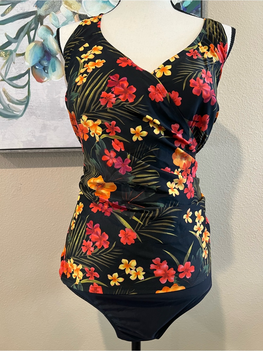 Floral Wrap One-Piece Swimsuit in Black with Red & Yellow Blooms